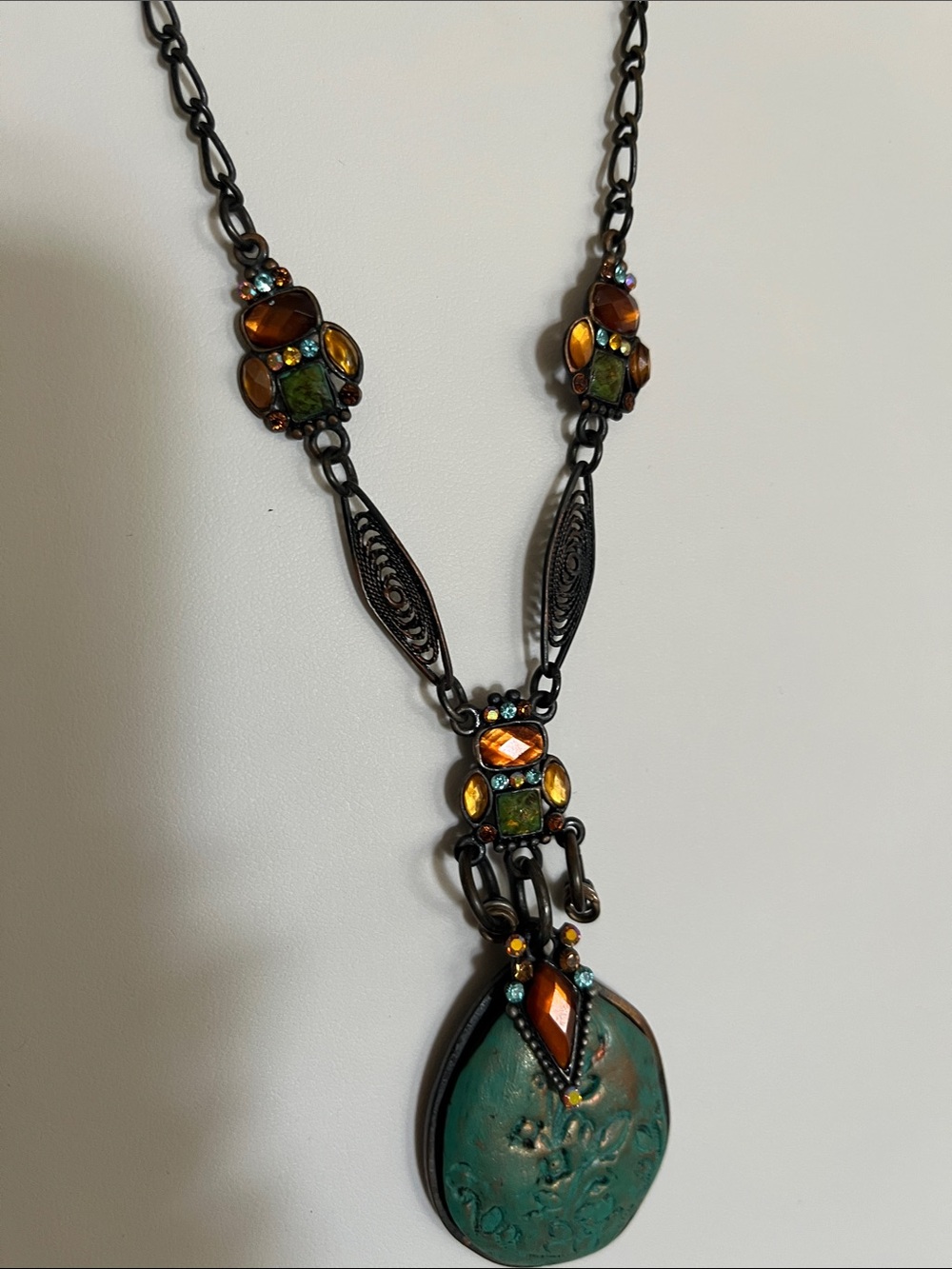 Bohemian Teardrop Pendant Necklace in Teal and Amber